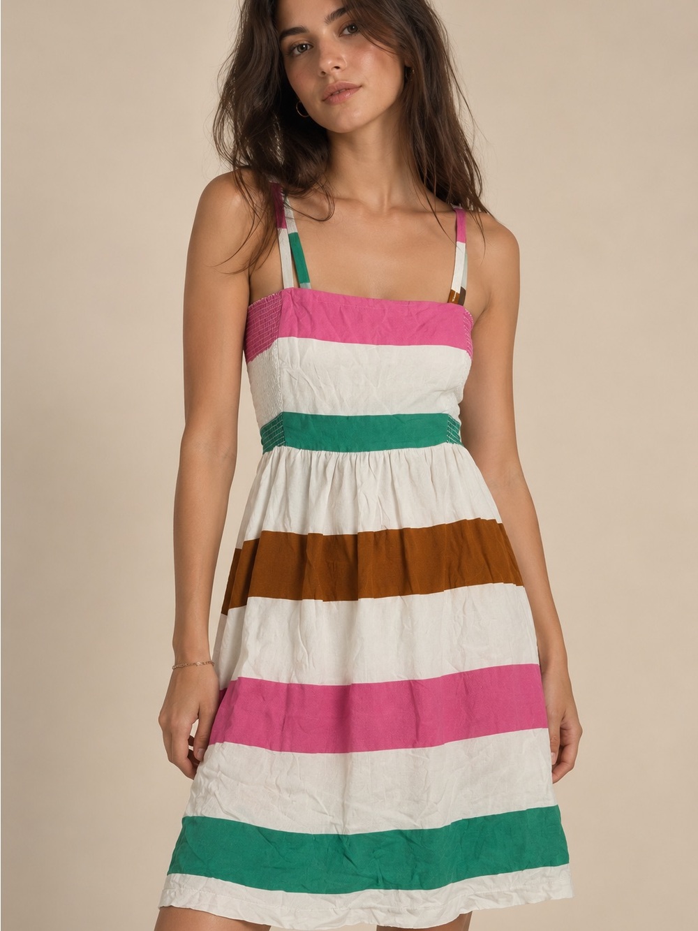 Corey Lynn Calter Striped Midi Dress in Pink, Green, Brown & White